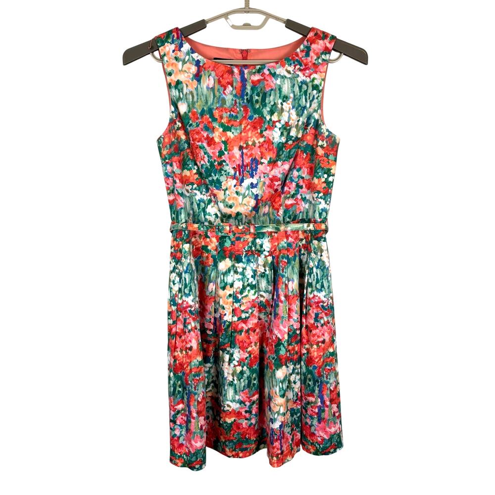 Talbots A-line Dress green orange watercolor floral print 8 Petite cotton modest